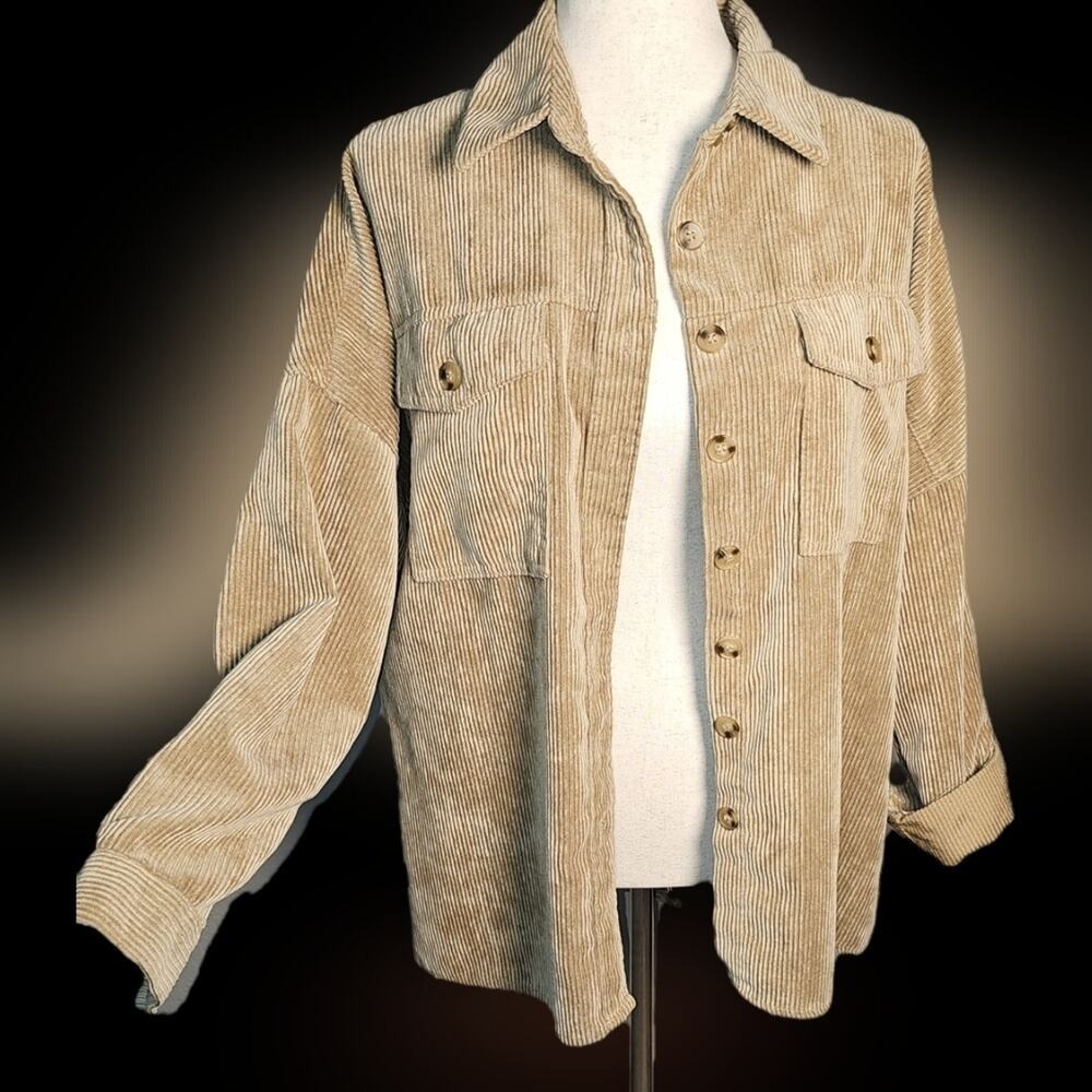 Women's Tan Corduroy Button Up Jacket Shacket Sz Medium Soft Feeling - Picture 4 of 8